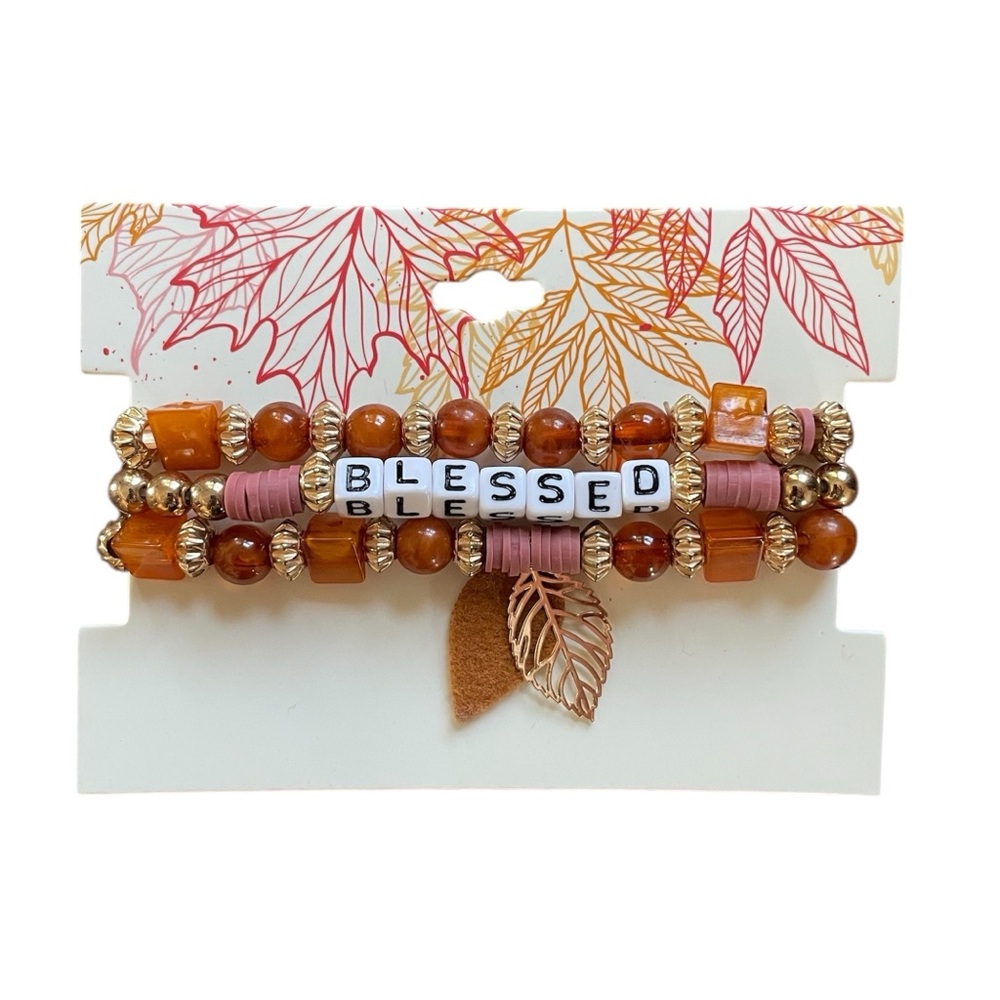 NWT “Blessed” Orange Beaded Stretchy Layered Bracelet Set of 3